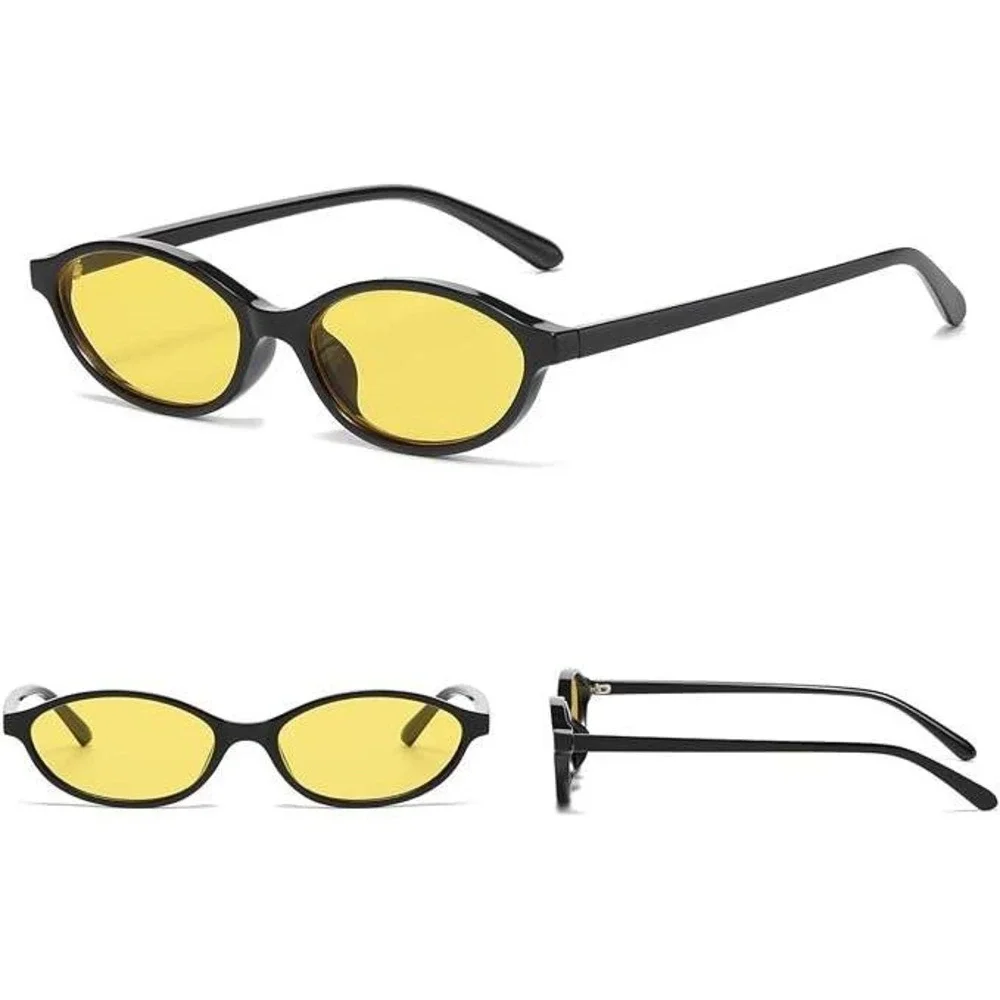 Black Oval Sunglasses Yellow Tint Lens Men‎ Fashion Eyewear Small Trendy Lentes